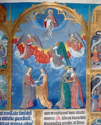 The Trinity surrounded by three angels and below them personifications of Mercy and Truth and Righteousness embracing Peace (Psalm 85) (detail)
